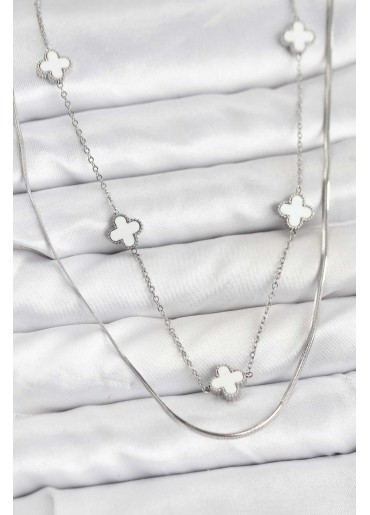 Erb 316L Çelik Zincir Gümüş Renk İtalyan Zincirli Yonca Model Kadın Kolye