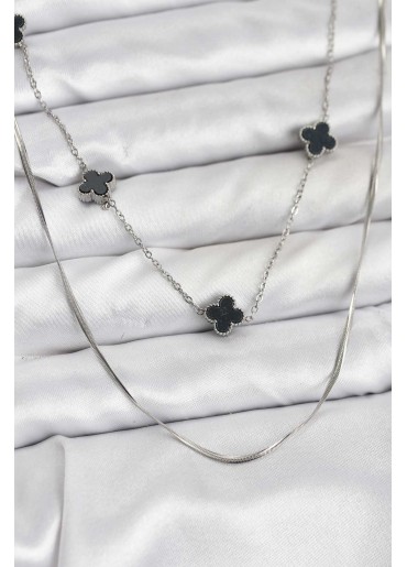 Erb 316L Çelik Zincir Gümüş Renk İtalyan Zincirli Siyah Yonca Model Kadın Kolye
