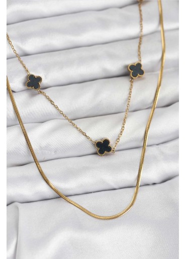 Erb 316L Çelik Zincir Gold Renk İtalyan Zincirli Siyah Yonca Model Kadın Kolye