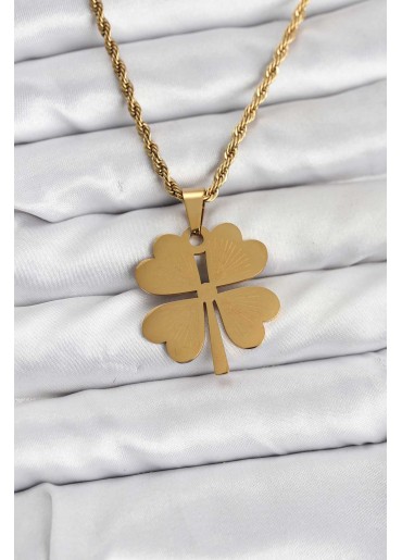 Erb 316L Çelik Zincir Gold Renk Yonca Model 60 Cm Kadın Kolye