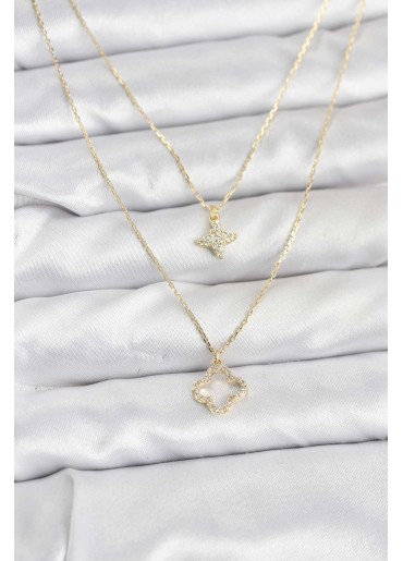 Erb Pirinç Gold Renk Yonca Model 2\'li Kadın Kolye