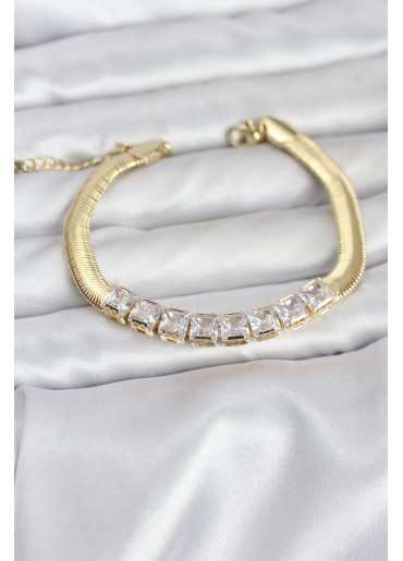 Erb 316L Çelik Gold Renk Kare Zirkon Taşlı Yılan Zincirli Kadın Bileklik