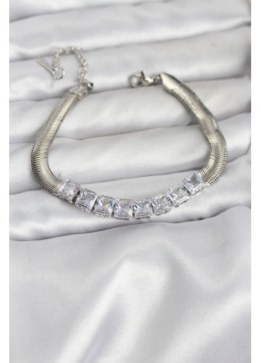 Erb 316L Çelik Gümüş Renk Kare Zirkon Taşlı Yılan Zincirli Kadın Bileklik