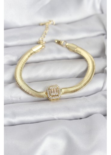 Erb 316L Çelik Gold Renk Baget Zirkon Taşlı Yılan Zincirli Kadın Bileklik