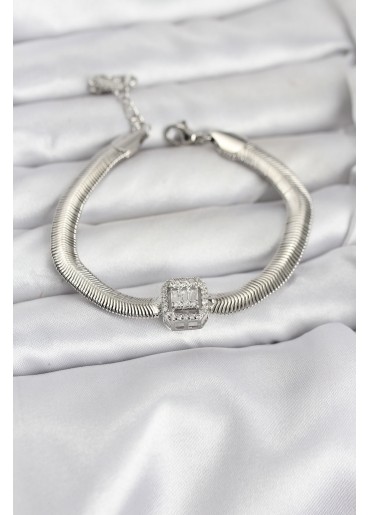 Erb 316L Çelik Gümüş Renk Baget Zirkon Taşlı Yılan Zincirli Kadın Bileklik