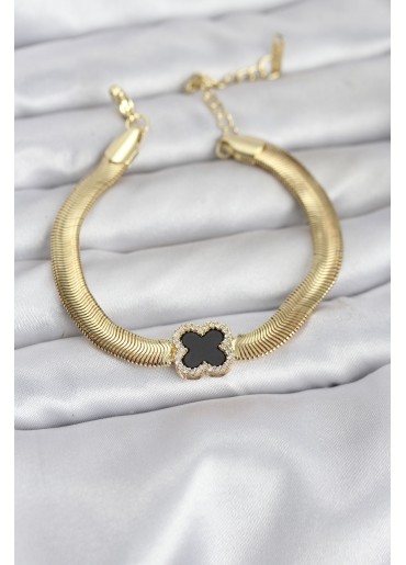 Erb 316L Çelik Gold Renk Siyah Yonca Model Zirkon Taşlı Yılan Zincirli Kadın Bileklik