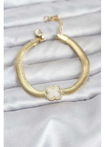 Erb 316L Çelik Gold Renk Beyaz Yonca Model Zirkon Taşlı Yılan Zincirli Kadın Bileklik