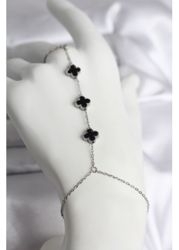 Erb 316L Çelik Gümüş Renk Siyah Yonca Model Kadın Şahmeran