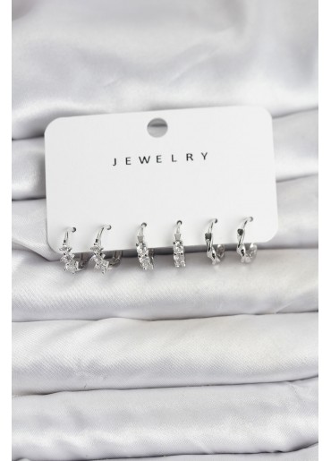 Erb Pirinç Gümüş Renk Zirkon Taşlı Kadın Küpe Seti