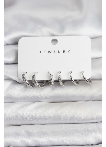 Erb Zirkon Taşlı Gümüş Renk Pirinç Kadın Küpe Seti