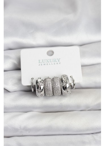 Erb Zirkon Taşlı Pirinç Gümüş Renk Halka Kadın Küpe Seti