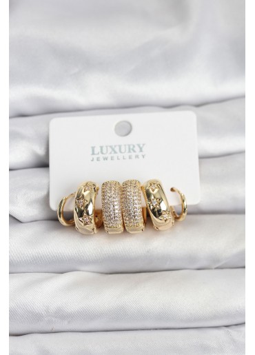 Erb Zirkon Taşlı Pirinç Gold Renk Halka Kadın Küpe Seti