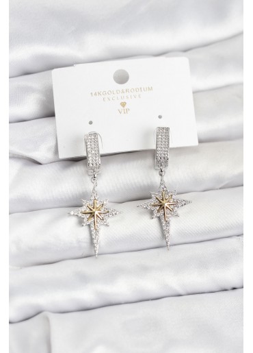 Erb Zirkon Taşlı Gümüş Renk Pirinç Kutup Yıldızı Model Kadın Küpe