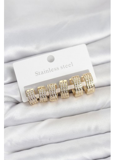 Erb 316L Çelik Zirkon Taşlı Gold Halka Küpe Seti