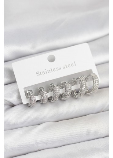 Erb 316L Çelik Gümüş Renk Zirkon Taşlı Halka Küpe Seti