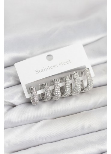 Erb 316L Çelik Gümüş Renk Zirkon Taşlı Damla Halka Küpe Seti