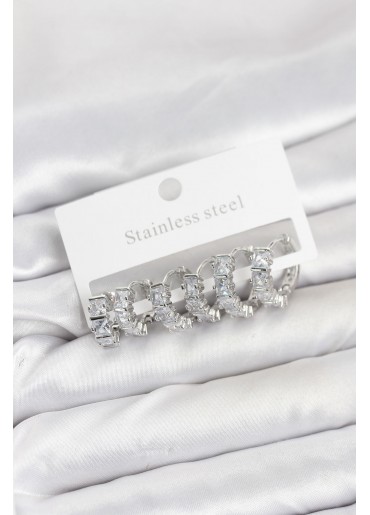 Erb 316L Çelik Gümüş Renk Baget Zirkon Taşlı Halka Küpe Seti