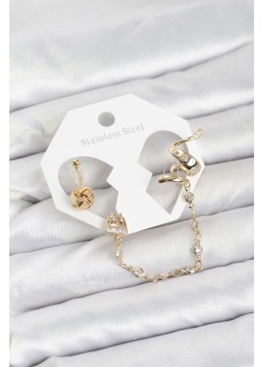 Erb Pirinç Gold Renk Yılan Model Zincir Bağlantılı Ear Cuff Küpe Seti
