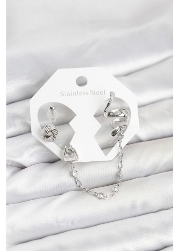 Erb Pirinç Gümüş Renk Yılan Model Zincir Bağlantılı Ear Cuff Küpe Seti