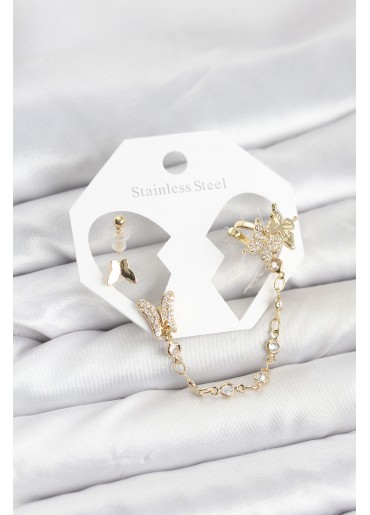 Erb Pirinç Gold Renk Kelebek Model Zincir Bağlantılı Ear Cuff Küpe Seti