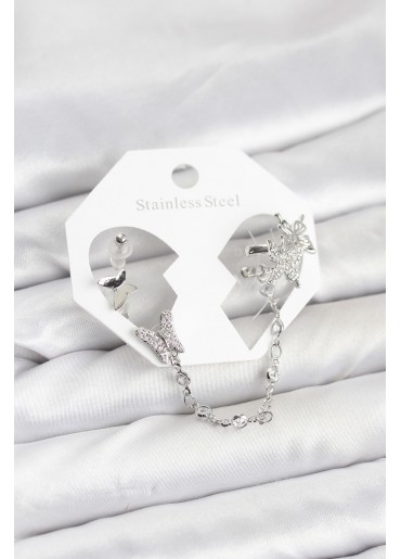 Erb Pirinç Gümüş Renk Kelebek Model Zincir Bağlantılı Ear Cuff Küpe Seti