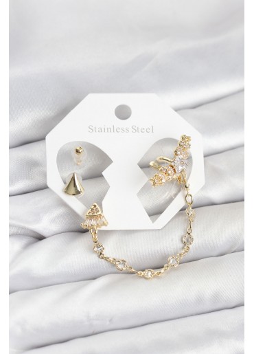 Erb Pirinç Gold Renk Yıldızlı Model Zincir Bağlantılı Ear Cuff Küpe Seti