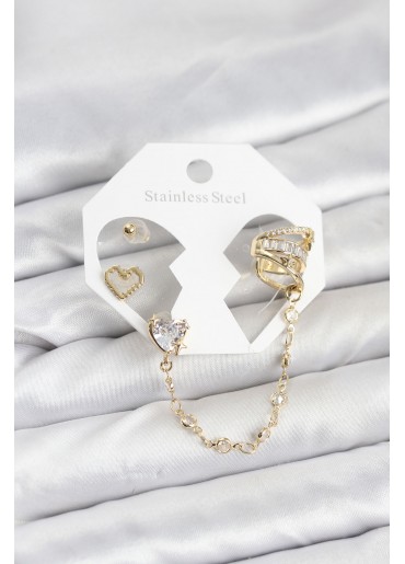 Erb Pirinç Gold Renk Kalp Model Zincir Bağlantılı Ear Cuff Küpe Seti