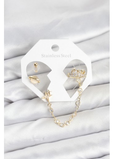 Erb Pirinç Gold Renk Uzay Model Zincir Bağlantılı Ear Cuff Küpe Seti