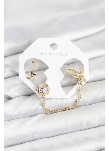 Erb Pirinç Gold Renk Kelebekli Model Zincir Bağlantılı Ear Cuff Küpe Seti