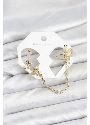 Erb Kelebekli Model Pirinç Gold Renk Zincir Bağlantılı Ear Cuff Küpe Seti