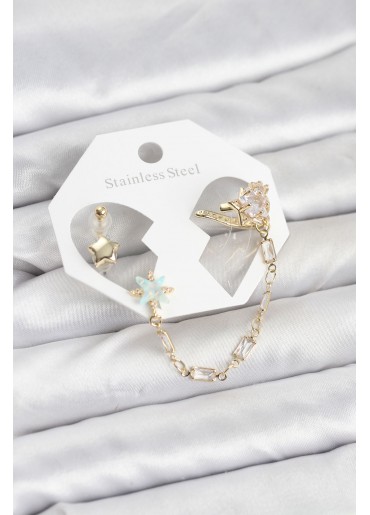 Erb Yıldız Model Pirinç Gold Renk Zincir Bağlantılı Ear Cuff Küpe Seti