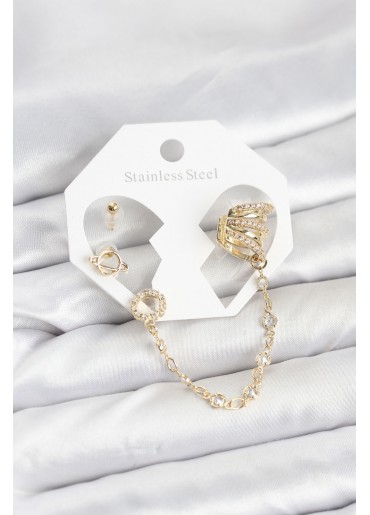 Erb Uzay Model Pirinç Gold Renk Zincir Bağlantılı Ear Cuff Küpe Seti