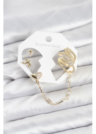 Erb Kalp Yıldız Model Pirinç Gold Renk Zincir Bağlantılı Ear Cuff Küpe Seti