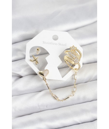 Erb Kalp Yıldız Model Pirinç Gold Renk Zincir Bağlantılı Ear Cuff Küpe Seti