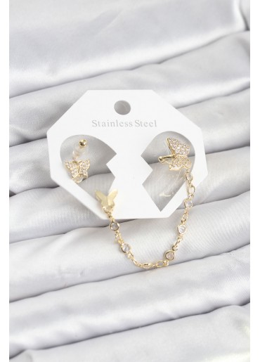 Erb Kelebek Model Pirinç Gold Renk Zincir Bağlantılı Ear Cuff Küpe Seti
