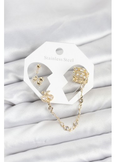 Erb Kiraz Model Pirinç Gold Renk Zincir Bağlantılı Ear Cuff Küpe Seti