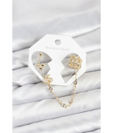 Erb Kiraz Model Pirinç Gold Renk Zincir Bağlantılı Ear Cuff Küpe Seti Erb Kiraz Model Pirinç Gold Renk Zincir Bağlantılı Ear Cuff Küpe Seti