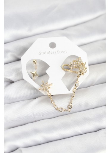 Erb Kutup Yıldızı Model Pirinç Gold Renk Zincir Bağlantılı Ear Cuff Küpe Seti