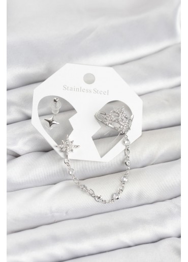 Erb Kutup Yıldızı Model Pirinç Gümüş Renk Zincir Bağlantılı Ear Cuff Küpe Seti