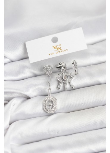 Erb Pirinç Gümüş Renk Göz Ve Kutup Yıldızı Model YSX Trio Küpe Seti