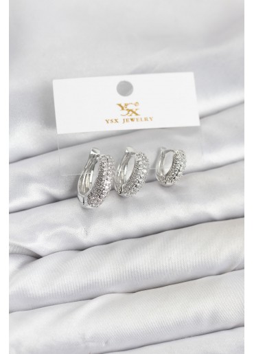 Erb Pirinç Gümüş Renk Zirkon Taşlı Halka Model YSX Trio Küpe Seti