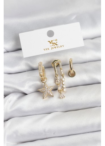 Erb Pirinç Gold Renk Zirkon Taşlı Yıldız Vintage Model YSX Trio Küpe Seti