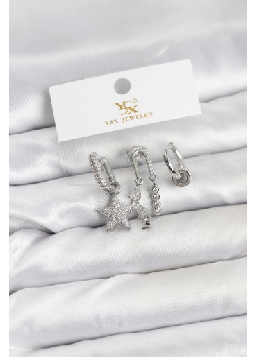 Erb Pirinç Gümüş Renk Zirkon Taşlı Yıldız Vintage Model YSX Trio Küpe Seti