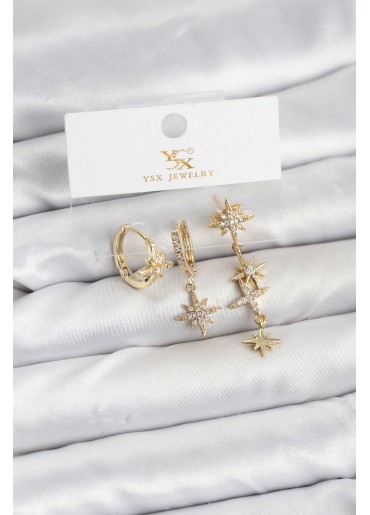 Erb Pirinç Gold Renk Zirkon Taşlı Kutup Yıldızı Model YSX Trio Küpe Seti