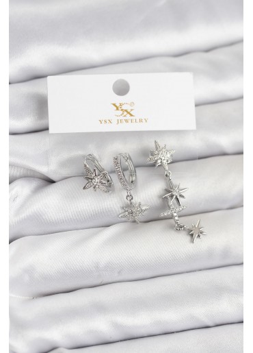 Erb Pirinç Gümüş Renk Zirkon Taşlı Kutup Yıldızı Model YSX Trio Küpe Seti