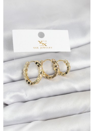 Erb Pirinç Gold Renk Zirkon Taşlı Petek Halka Model YSX Trio Küpe Seti