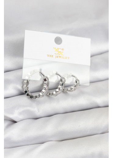 Erb Pirinç Gümüş Renk Zirkon Taşlı Petek Halka Model YSX Trio Küpe Seti