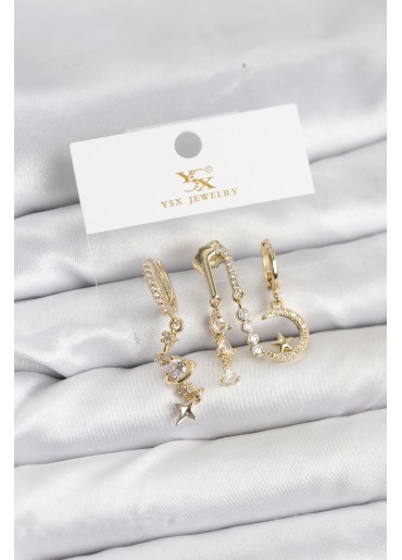 Erb Pirinç Gold Renk Zirkon Taşlı Uzay Model YSX Trio Küpe Seti