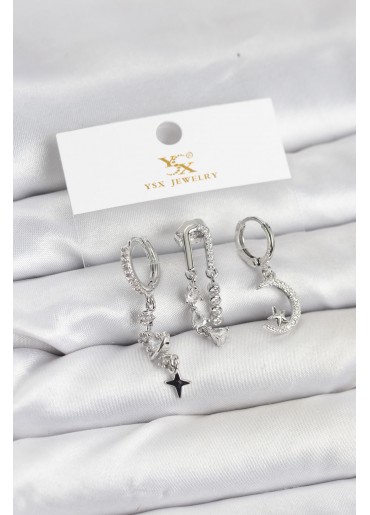 Erb Pirinç Gümüş Renk Zirkon Taşlı Uzay Model YSX Trio Küpe Seti