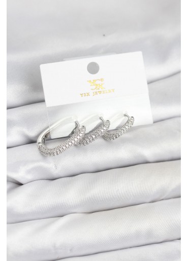 Erb Pirinç Gümüş Renk Zirkon Taşlı Halka Model YSX Trio Küpe Seti